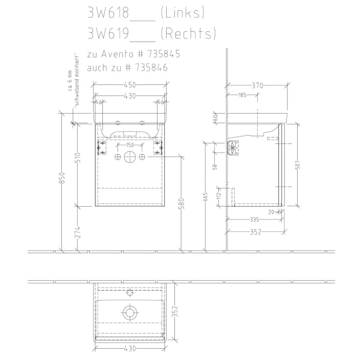 Sanipa 3way Waschtischunterbau für Keramik-Waschtisch Avento 45 cm, 1 Tür, Anschlag rechts, mit Griffleiste