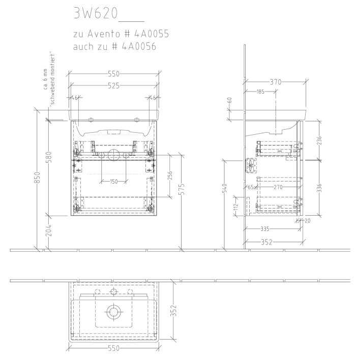 Sanipa 3way Waschtischunterbau für Keramik-Waschtisch Avento 55 cm, 2 Auszüge mit Griffleisten