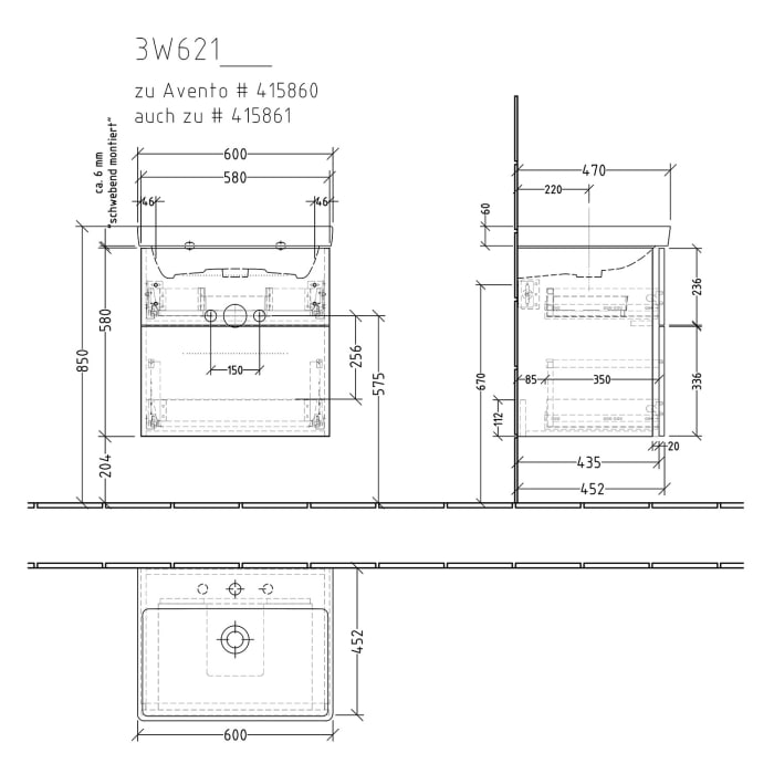Sanipa 3way Waschtischunterbau für Keramik-Waschtisch Avento 60 cm, 2 Auszüge mit Griffleisten