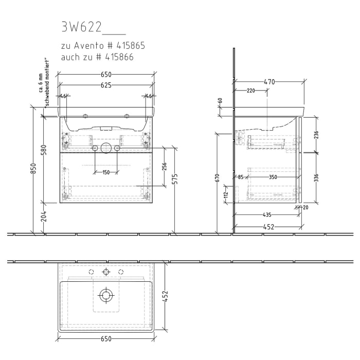 Sanipa 3way Waschtischunterbau für Keramik-Waschtisch Avento 65 cm, 2 Auszüge mit Griffleisten