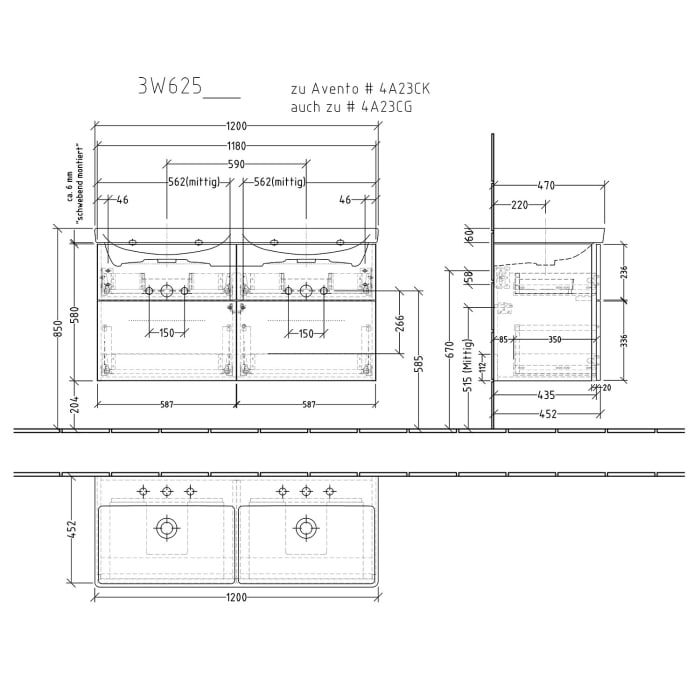 Sanipa 3way Waschtischunterbau für Keramik-Doppelwaschtisch Avento 120 cm, 4 Auszüge mit Griffleisten