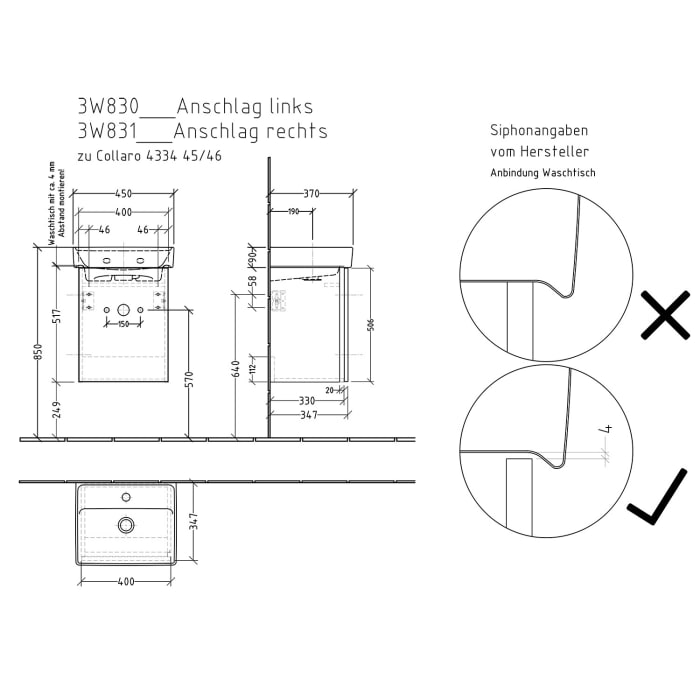 Sanipa 3way Waschtischunterbau für Keramik-Waschtisch Collaro 45 cm, 1 Tür, Anschlag links, mit Griffleiste