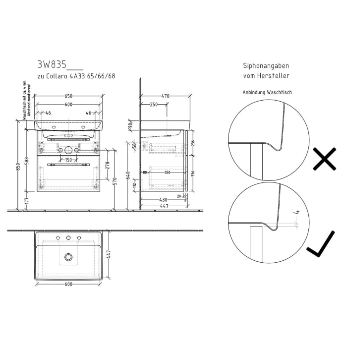 Sanipa 3way Waschtischunterbau für Keramik-Waschtisch Collaro 65 cm, 2 Auszüge mit Griffleisten
