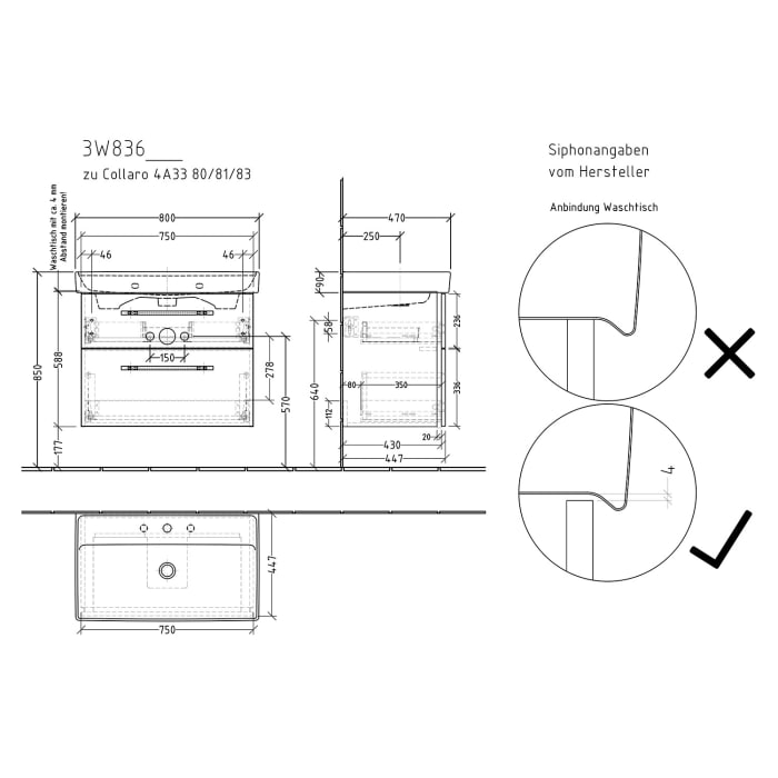 Sanipa 3way Waschtischunterbau für Keramik-Waschtisch Collaro 80 cm, 2 Auszüge mit Griffleisten