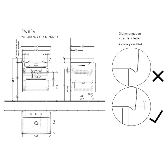 Sanipa 3way Waschtischunterbau für Keramik-Waschtisch Collaro 60 cm, 2 Auszüge mit Griffleisten