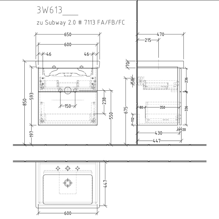 Sanipa 3way Waschtischunterbau für Keramik-Waschtisch Subway 2.0 65 cm, 2 Auszüge mit Griffleisten
