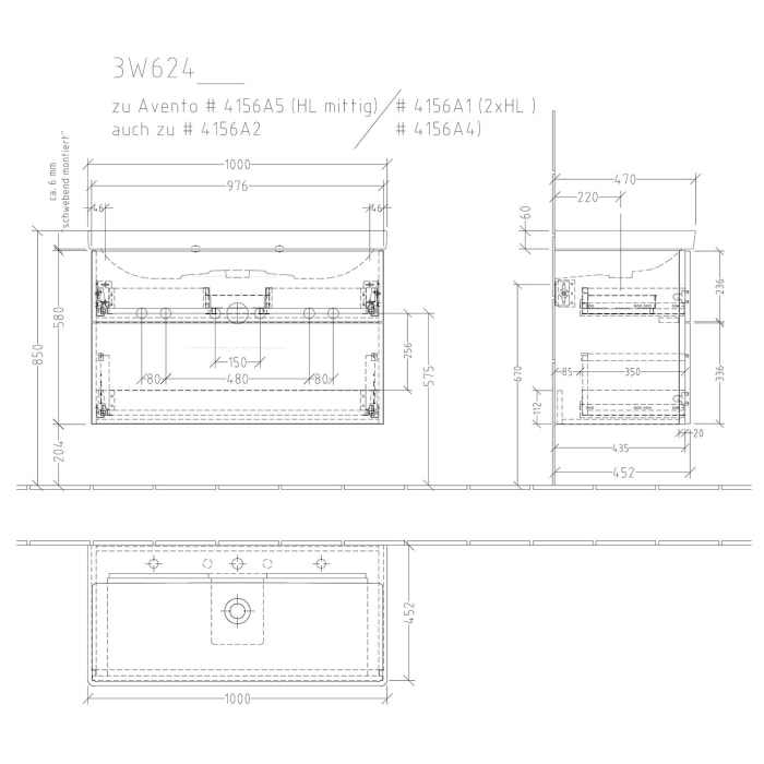 Sanipa 3way Waschtischunterbau für Keramik-Waschtisch Avento 100 cm, 2 Auszüge mit Griffleisten