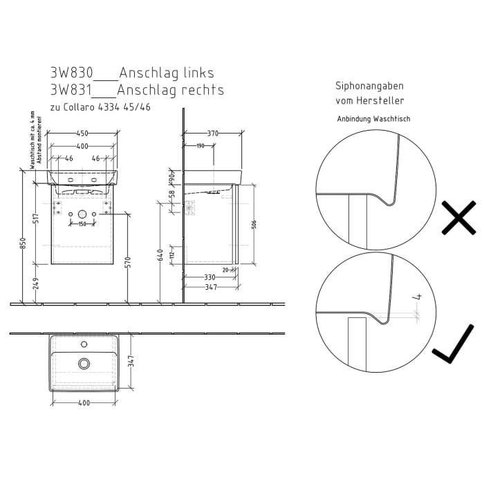 Sanipa 3way Waschtischunterbau für Keramik-Waschtisch Collaro 45 cm, 1 Tür, Anschlag rechts, mit Griffleiste