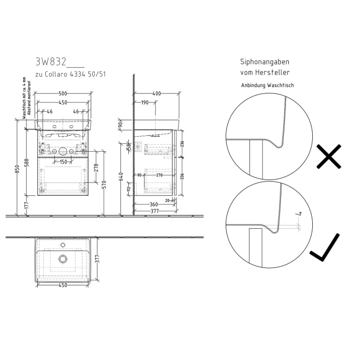 Sanipa 3way Waschtischunterbau für Keramik-Waschtisch Collaro 50 cm, 2 Auszüge mit Griffleisten