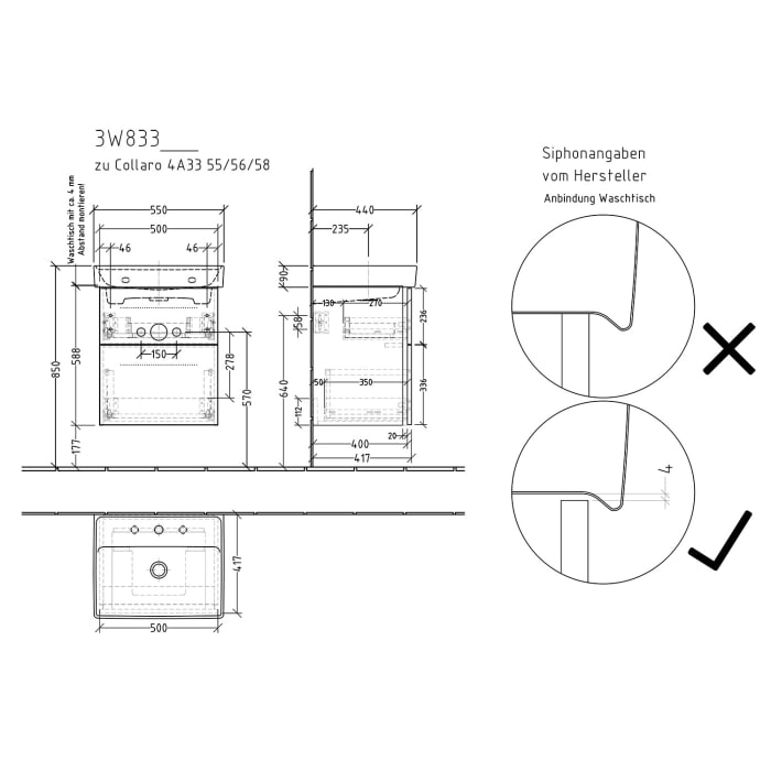 Sanipa 3way Waschtischunterbau für Keramik-Waschtisch Collaro 55 cm, 2 Auszüge mit Griffleisten