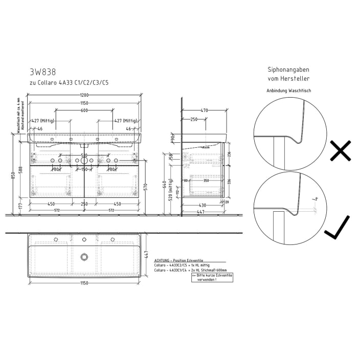 Sanipa 3way Waschtischunterbau für Keramik-Waschtisch Collaro 120 cm, 4 Auszüge mit Griffleisten