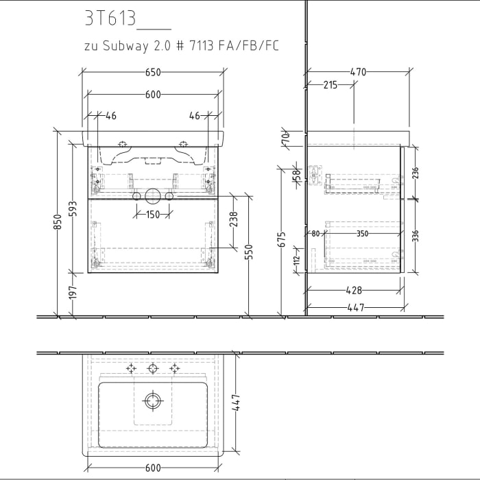 Sanipa 3way Waschtischunterbau für Keramik-Waschtisch Subway 2.0 65 cm, 2 Auszüge mit Push to open