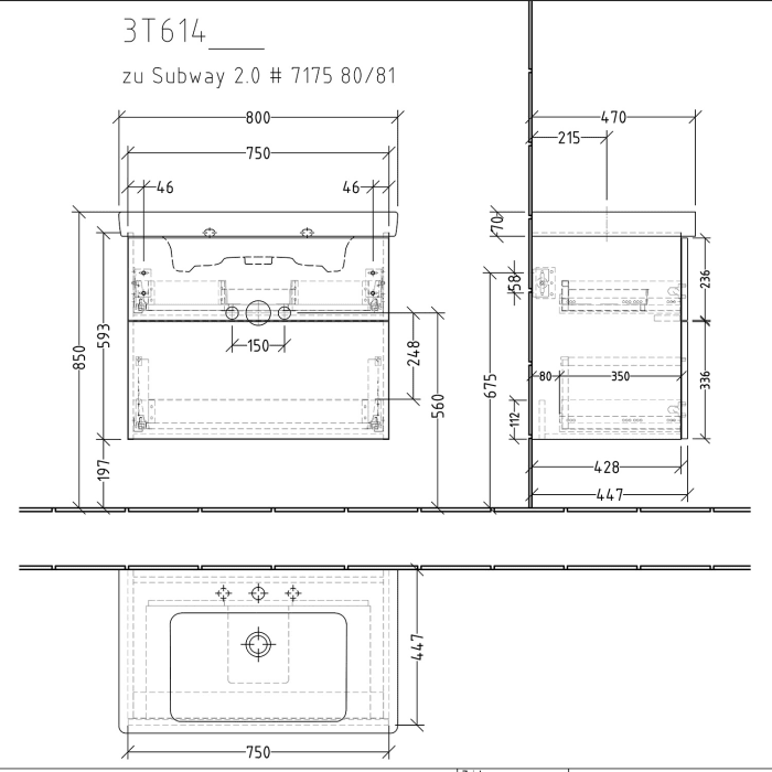 Sanipa 3way Waschtischunterbau für Keramik-Waschtisch Subway 2.0 80 cm, 2 Auszüge mit Push to open