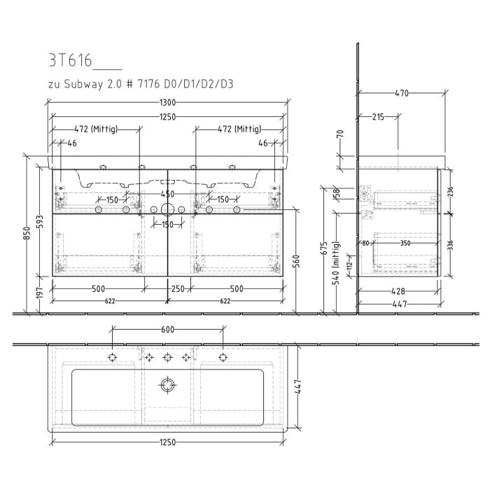 Sanipa 3way Waschtischunterbau für Keramik-Waschtisch Subway 2.0 130 cm, 4 Auszüge mit Push to open