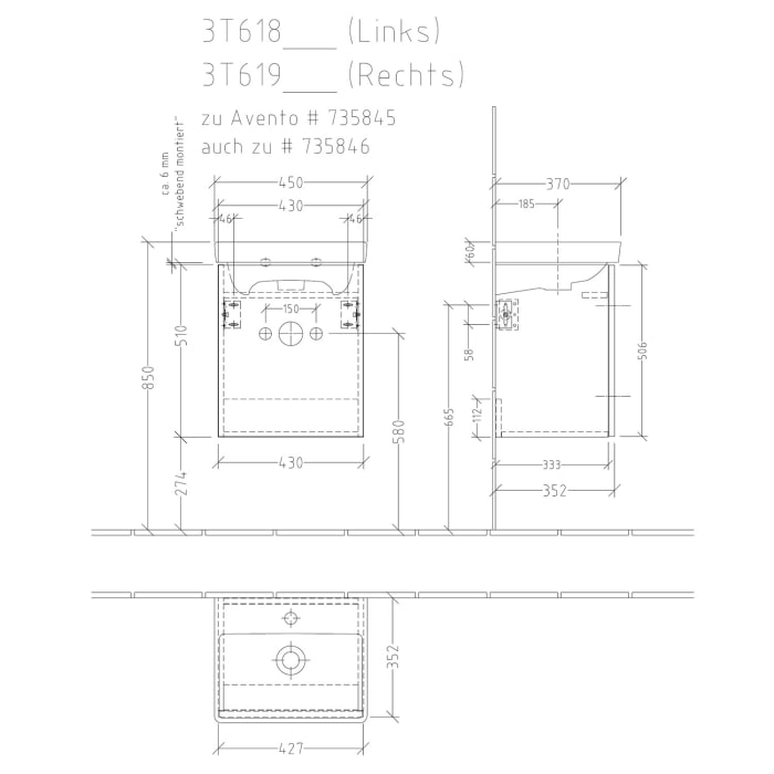 Sanipa 3way Waschtischunterbau für Keramik-Waschtisch Avento 45 cm, 1 Tür, Anschlag rechts, mit Push to open
