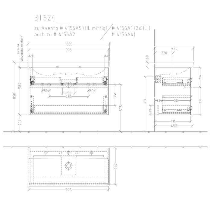 Sanipa 3way Waschtischunterbau für Keramik-Waschtisch Avento 100 cm, 2 Auszüge mit Push to open