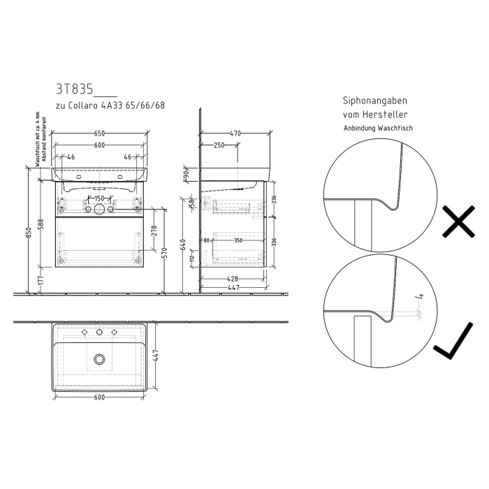 Sanipa 3way Waschtischunterbau für Keramik-Waschtisch Collaro 65 cm, 2 Auszüge mit Push to open