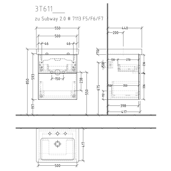 Sanipa 3way Waschtischunterbau für Keramik-Waschtisch Subway 2.0 55 cm, 2 Auszüge mit Push to open