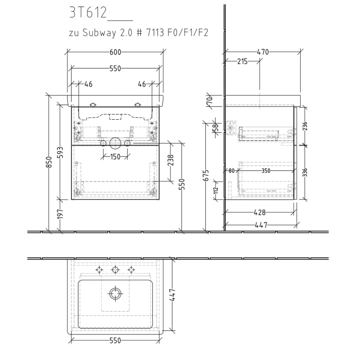 Sanipa 3way Waschtischunterbau für Keramik-Waschtisch Subway 2.0 60 cm, 2 Auszüge mit Push to open
