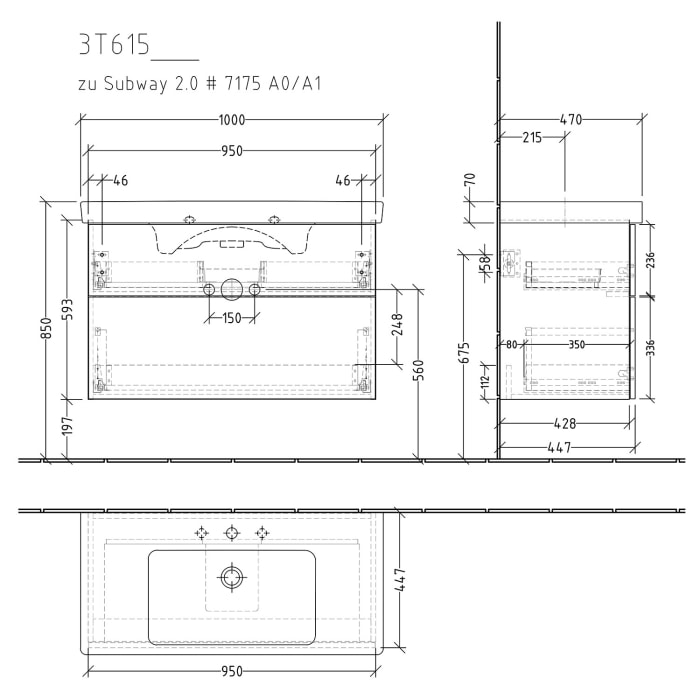 Sanipa 3way Waschtischunterbau für Keramik-Waschtisch Subway 2.0 100 cm, 2 Auszüge mit Push to open
