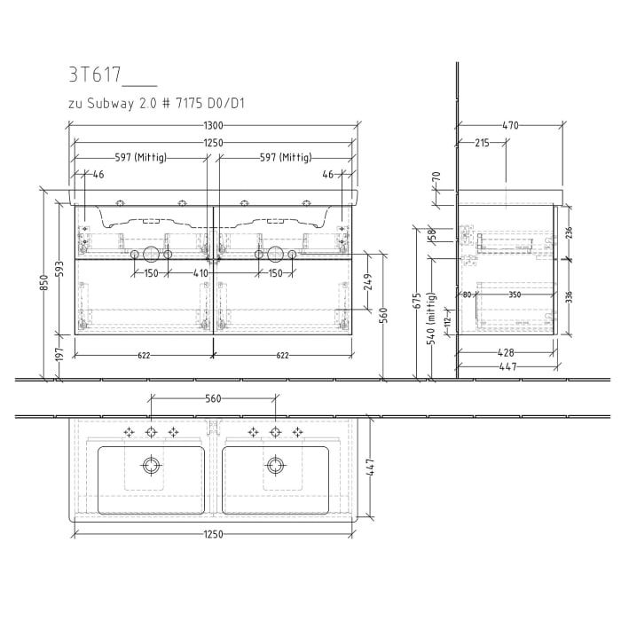Sanipa 3way Waschtischunterbau für Keramik-Doppelwaschtisch Subway 2.0 130 cm, 4 Auszüge mit Push to open