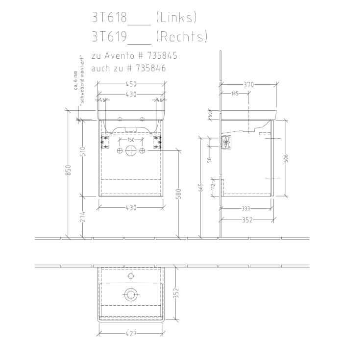 Sanipa 3way Waschtischunterbau für Keramik-Waschtisch Avento 45 cm, 1 Tür, Anschlag links, mit Push to open