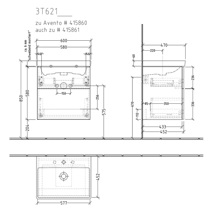 Sanipa 3way Waschtischunterbau für Keramik-Waschtisch Avento 60 cm, 2 Auszüge mit Push to open