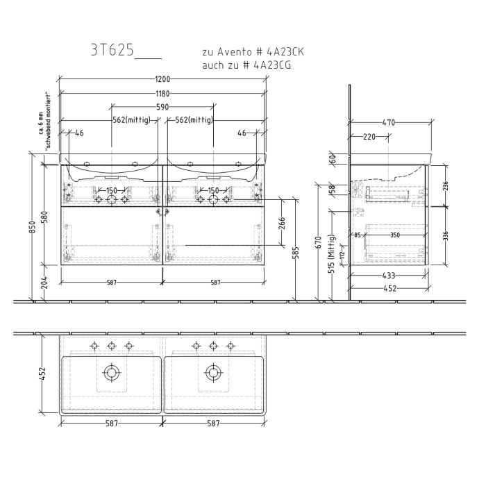 Sanipa 3way Waschtischunterbau für Keramik-Doppelwaschtisch Avento 120 cm, 4 Auszüge mit Push to open