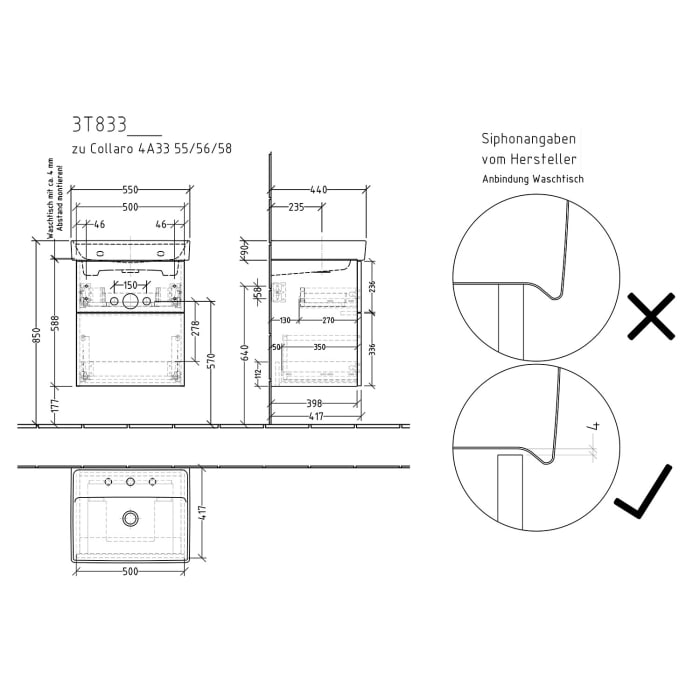Sanipa 3way Waschtischunterbau für Keramik-Waschtisch Collaro 55 cm, 2 Auszüge mit Push to open