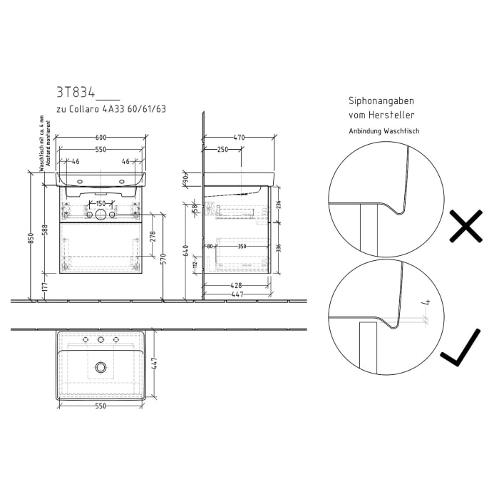 Sanipa 3way Waschtischunterbau für Keramik-Waschtisch Collaro 60 cm, 2 Auszüge mit Push to open