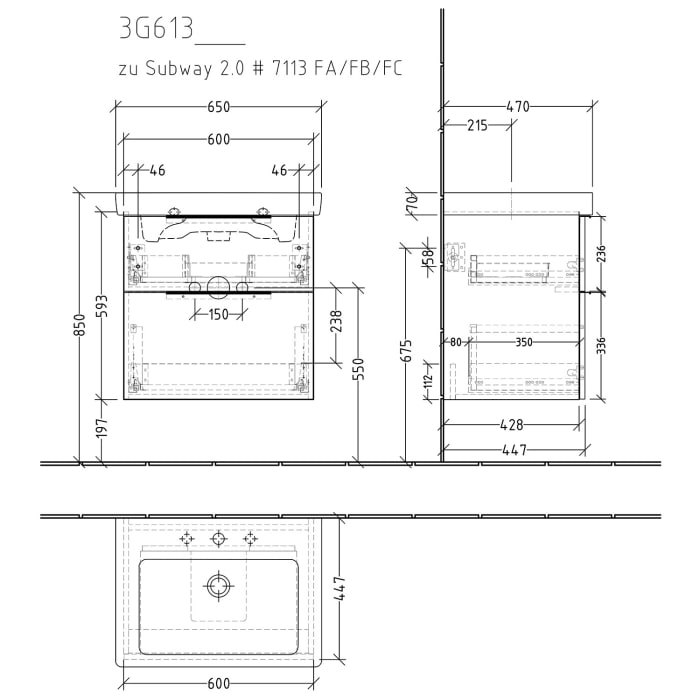 Sanipa 3way Waschtischunterbau für Keramik-Waschtisch Subway 2.0 65 cm, 2 Auszüge mit Aufsatzgriff