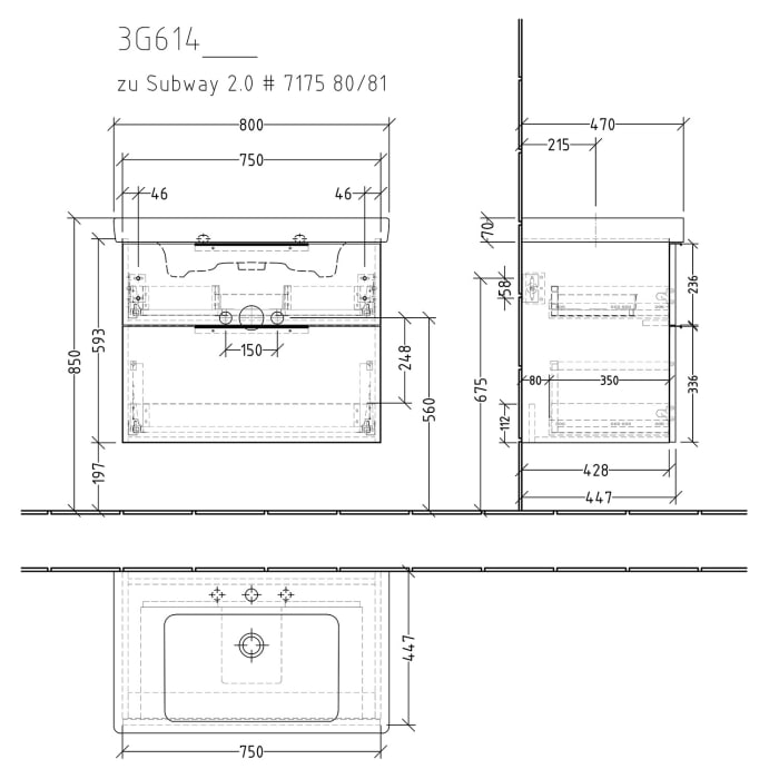 Sanipa 3way Waschtischunterbau für Keramik-Waschtisch Subway 2.0 80 cm, 2 Auszüge mit Aufsatzgriff