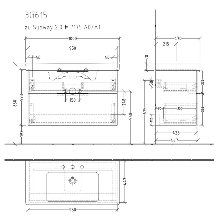 Sanipa 3way Waschtischunterbau für Keramik-Waschtisch Subway 2.0 100 cm, 2 Auszüge mit Aufsatzgriff