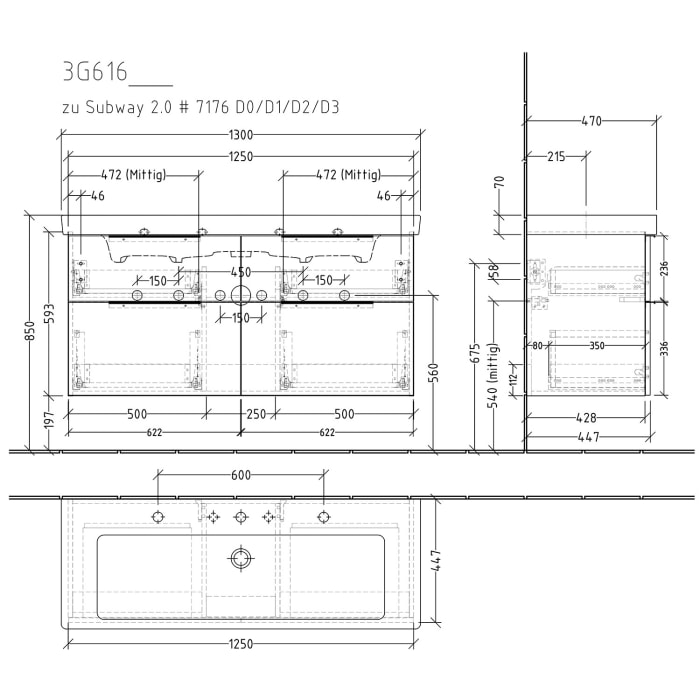 Sanipa 3way Waschtischunterbau für Keramik-Waschtisch Subway 2.0 130 cm, 4 Auszüge mit Aufsatzgriff