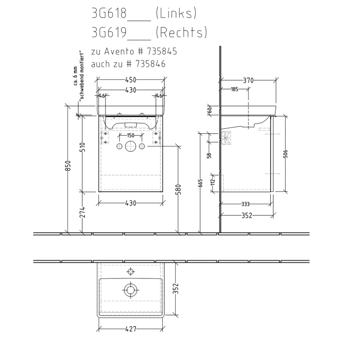 Sanipa 3way Waschtischunterbau für Keramik-Waschtisch Avento 45 cm, 1 Tür, Anschlag links, mit Aufsatzgriff
