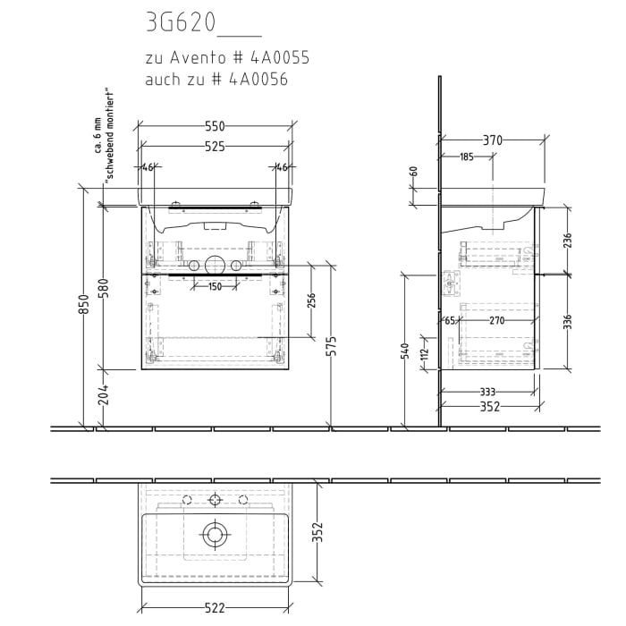 Sanipa 3way Waschtischunterbau für Keramik-Waschtisch Avento 55 cm, 2 Auszüge mit Aufsatzgriff