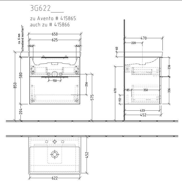 Sanipa 3way Waschtischunterbau für Keramik-Waschtisch Avento 65 cm, 2 Auszüge mit Aufsatzgriff