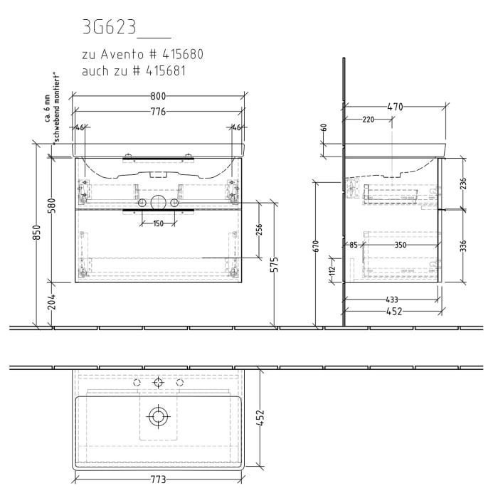 Sanipa 3way Waschtischunterbau für Keramik-Waschtisch Avento 80 cm, 2 Auszüge mit Aufsatzgriff