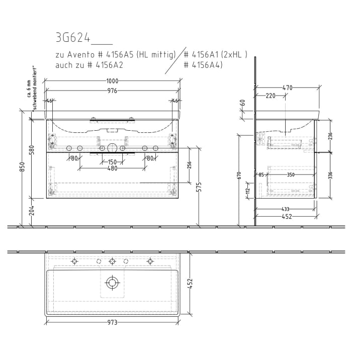 Sanipa 3way Waschtischunterbau für Keramik-Waschtisch Avento 100 cm, 2 Auszüge mit Aufsatzgriff
