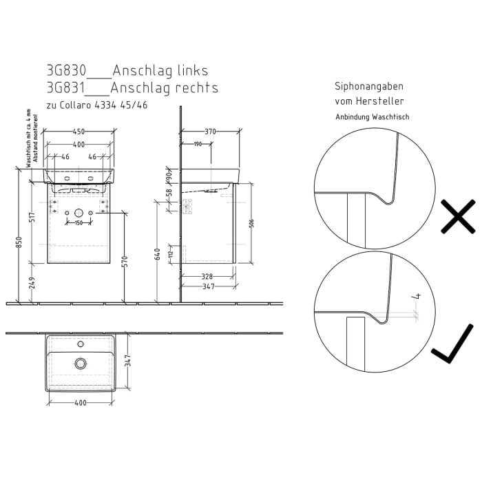 Sanipa 3way Waschtischunterbau für Keramik-Waschtisch Collaro 45 cm, 1 Tür, Anschlag rechts, mit Aufsatzgriff