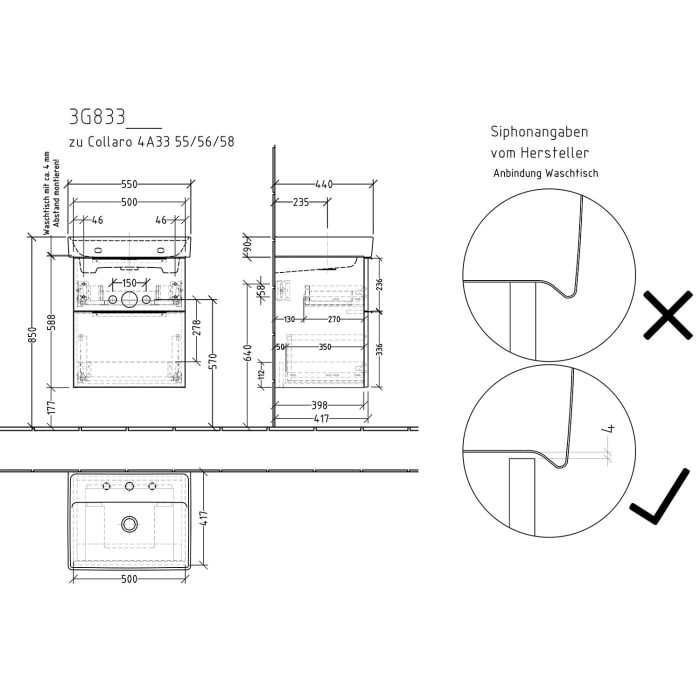 Sanipa 3way Waschtischunterbau für Keramik-Waschtisch Collaro 55 cm, 2 Auszüge mit Aufsatzgriff