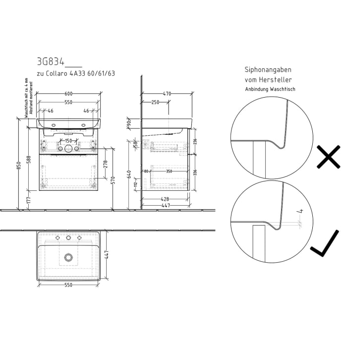 Sanipa 3way Waschtischunterbau für Keramik-Waschtisch Collaro 60 cm, 2 Auszüge mit Aufsatzgriff