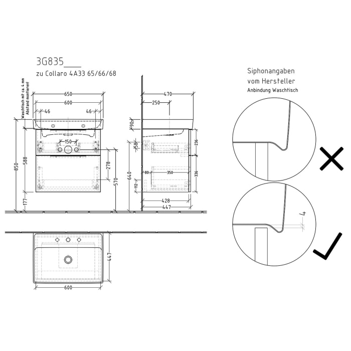 Sanipa 3way Waschtischunterbau für Keramik-Waschtisch Collaro 65 cm, 2 Auszüge mit Aufsatzgriff
