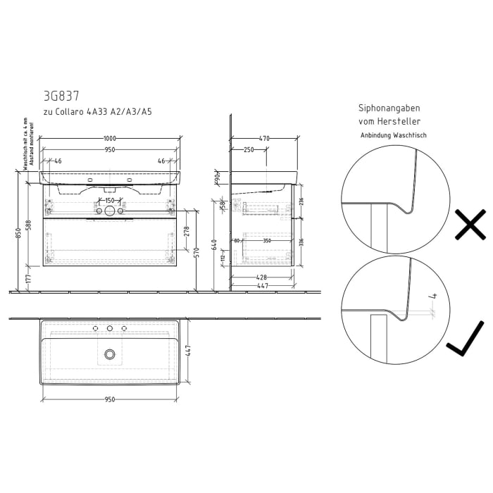 Sanipa 3way Waschtischunterbau für Keramik-Waschtisch Collaro 100 cm, 2 Auszüge mit Aufsatzgriff