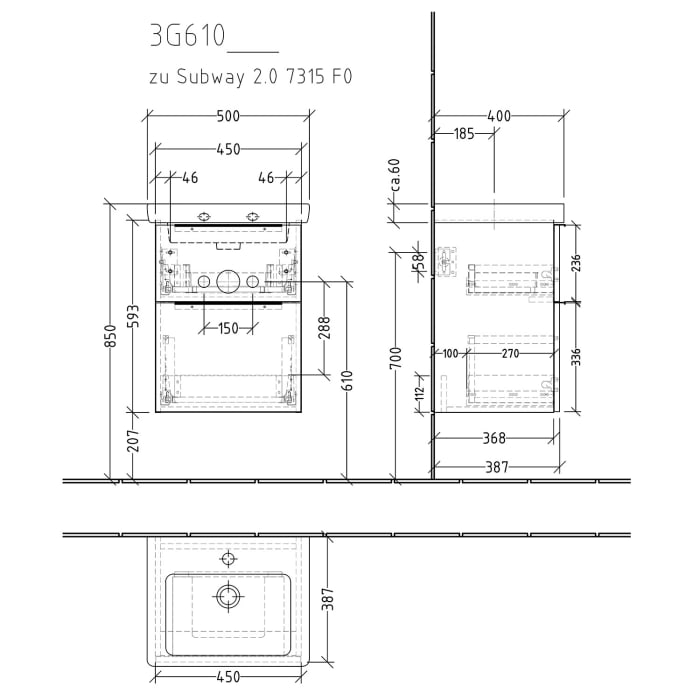 Sanipa 3way Waschtischunterbau für Keramik-Waschtisch Subway 2.0 50 cm, 2 Auszüge mit Aufsatzgriff