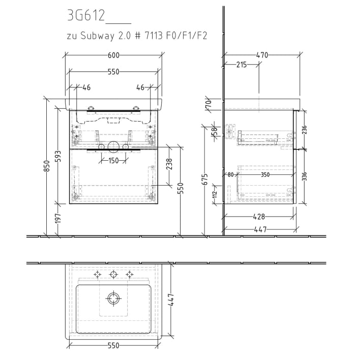 Sanipa 3way Waschtischunterbau für Keramik-Waschtisch Subway 2.0 60 cm, 2 Auszüge mit Aufsatzgriff