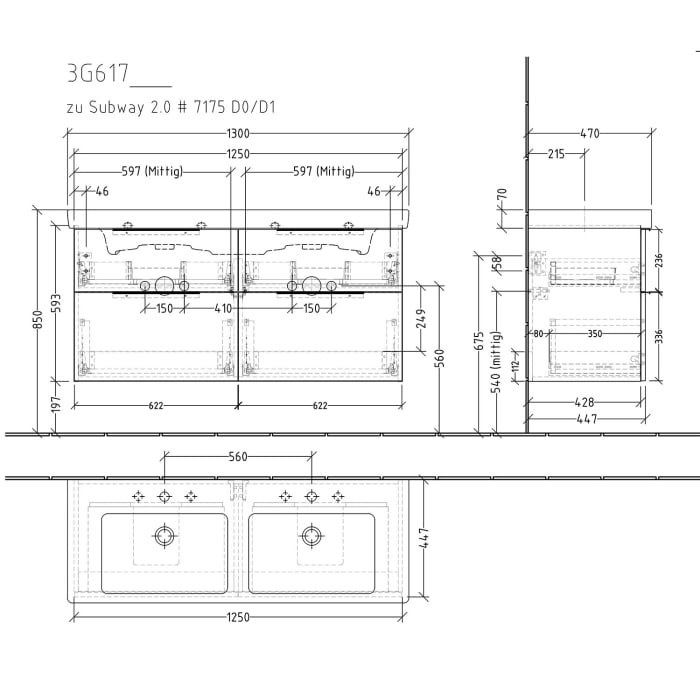 Sanipa 3way Waschtischunterbau für Keramik-Doppelwaschtisch Subway 2.0 130 cm, 4 Auszüge mit Aufsatzgriff