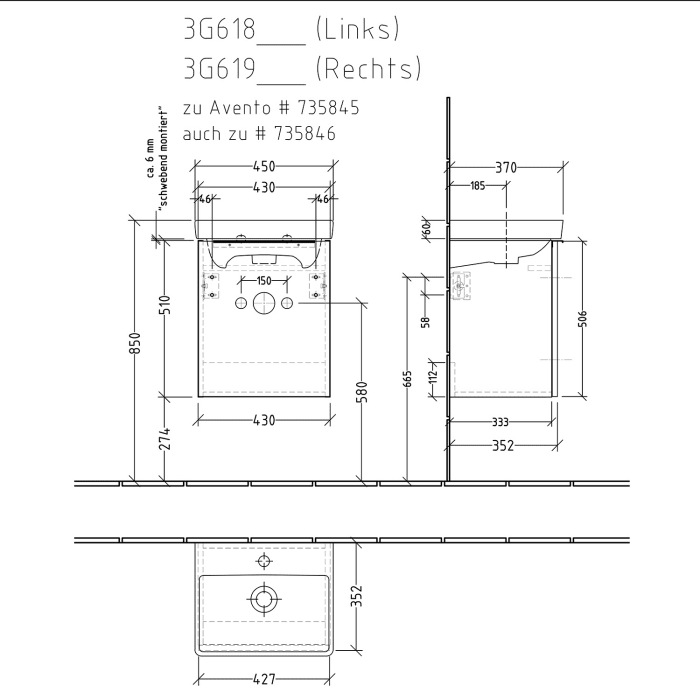 Sanipa 3way Waschtischunterbau für Keramik-Waschtisch Avento 45 cm, 1 Tür, Anschlag rechts, mit Aufsatzgriff