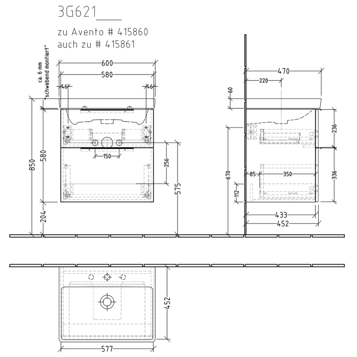 Sanipa 3way Waschtischunterbau für Keramik-Waschtisch Avento 60 cm, 2 Auszüge mit Aufsatzgriff