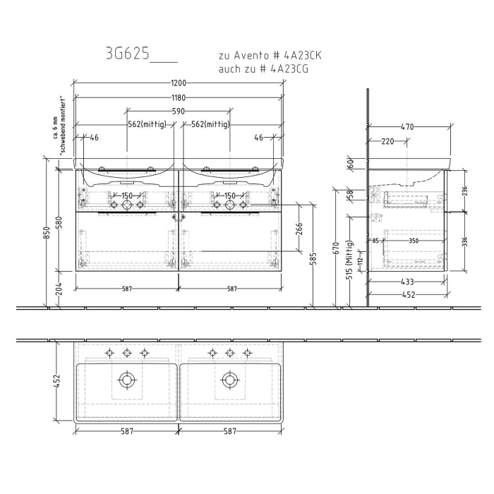 Sanipa 3way Waschtischunterbau für Keramik-Doppelwaschtisch Avento 120 cm, 4 Auszüge mit Aufsatzgriff